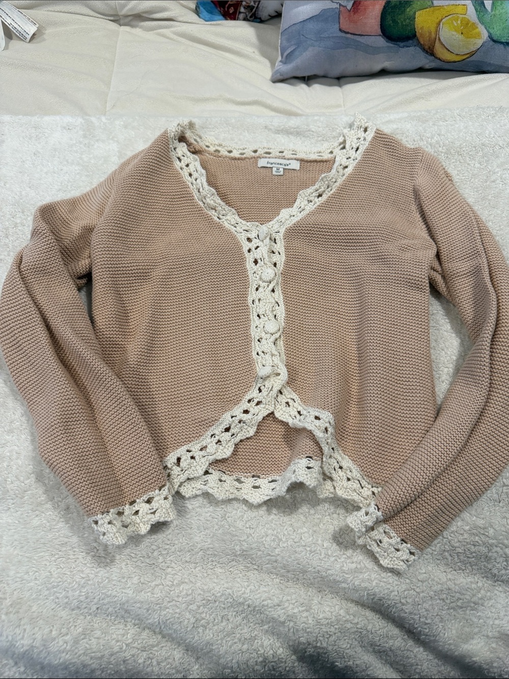 Francesca's Collections Beige Knit Cardigan with Cream Crochet Trim